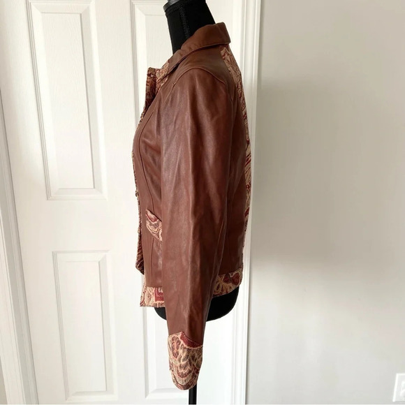 NWT Coldwater Creek Tapestry  Trim Leather Jacket - Picture 2 of 14
